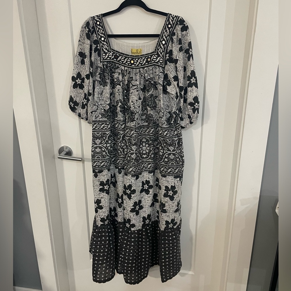 Ramona Rull Vintage 1970s Puff Sleeve Black and White Maxi Dress Embellished
